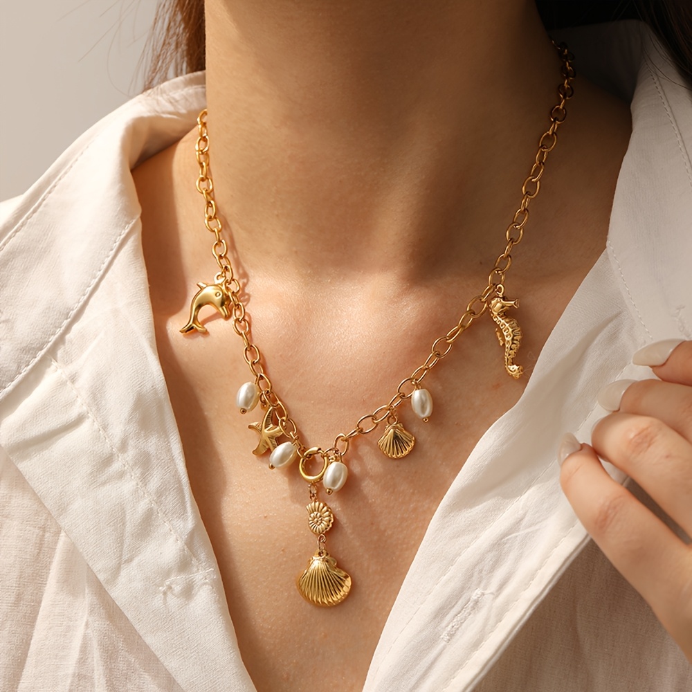 Women's Golden Stainless Steel Shell Seahorse Pendant Necklace